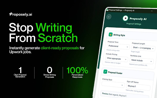 Proposely AI :: Generate winning Upwork proposals in seconds. Sync your profile and let AI do the heavy lifting.