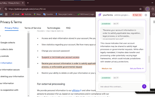 yourTerms — Legal Transparency Agent :: Understand what you're agreeing to before you click Accept. Instant GDPR analysis of Terms & Conditions.