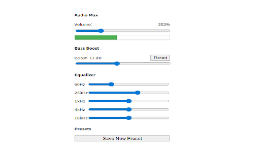 Audio Max :: Adjust volume up to 800% and toggle bass boost with persistent settings.