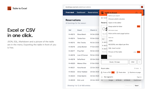 Table to Excel: export any web table to Excel & CSV :: Export any web table or data grid to Excel or CSV, free, with no row limit. Says when a page shows only part of a table.