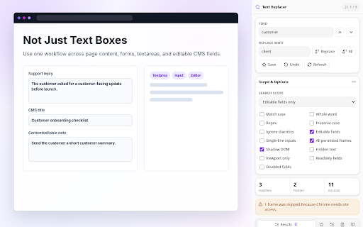 Text Replacer: Find & Replace Anywhere :: Find and replace text on any web page: page content, inputs, forms & emails. Word replacer with match case, whole word & regex.