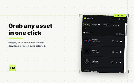 F12 :: Inspect elements, edit CSS live, and extract fonts, colors & assets from any page. One shortcut, no DevTools. 100% local.