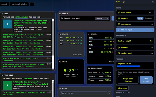 LinkCrusher New Tab Page and Dashboard :: Turn every new tab into a custom start page: organize links & bookmarks, add weather, news & stock widgets, themes, and cloud sync.