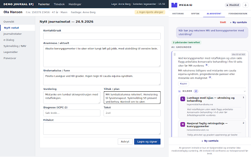 MedAid Journal Companion :: Opptak, AI-notat og AI-assistent i et sidepanel ved journalsystemet. Dra resultatet rett inn i feltene.