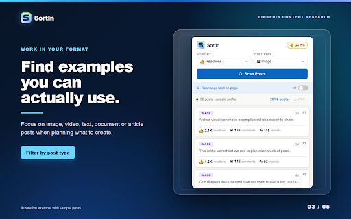 SortIn: Sort LinkedIn Posts by Likes & Comments :: Plan LinkedIn content with better examples. Sort posts by reactions, comments and reposts. Export your research