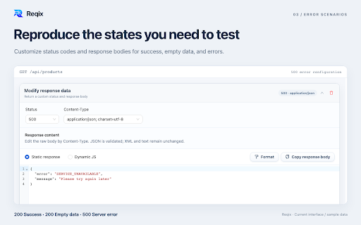 Reqix – API Mock & HTTP Request Modifier :: Mock APIs from DevTools requests. Modify requests and responses, redirect URLs, and debug locally without an account.