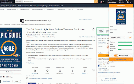 Scribando Book Marketing For Amazon KDP Books :: Analyzes Amazon KDP book performance with metrics like BSR, reviews, and content quality, displaying insights in an overlay.