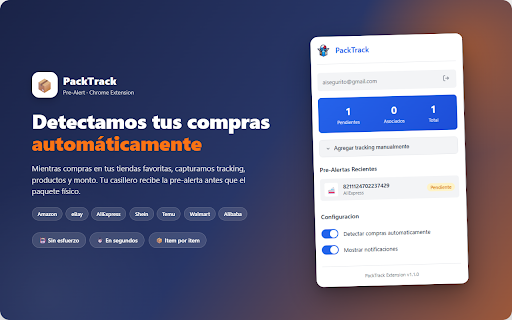 PackTrack Pre-Alert :: Crea pre-alertas automaticas para tu casillero al detectar compras en tiendas online soportadas. Anticipa que contiene cada paquete.