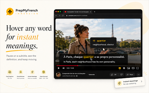 PrepMyFrench Immersion :: Learn French from YouTube subtitles with AI explanations and TEF/TCF practice.
