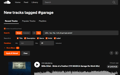 Better SoundCloud Feed :: Filter your SoundCloud feed and tag pages by date, duration, likes, plays, artist, title and more.