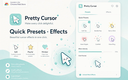Pretty Cursor - Custom Mouse :: 100 cute transparent cursors with easing follow, trails, click effects, and quick presets. UI in Chinese / English / Japanese.