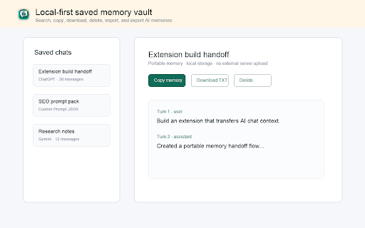 AI Chat Save & Import :: Transfer AI chat memory between ChatGPT, Gemini, Claude, Meta AI, and Manus with portable exports and continuation imports.