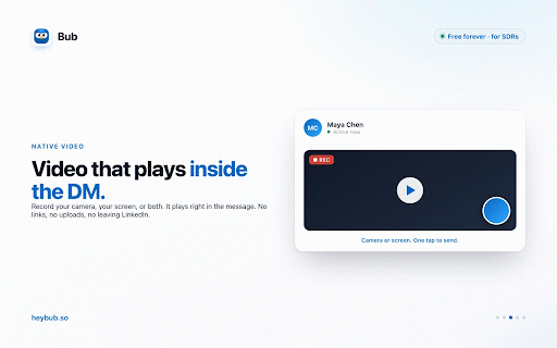 Bub – Voice Notes & Video for LinkedIn :: Send voice notes & native video from LinkedIn desktop. Plus AI rewrite and snippets. Free forever for SDRs.