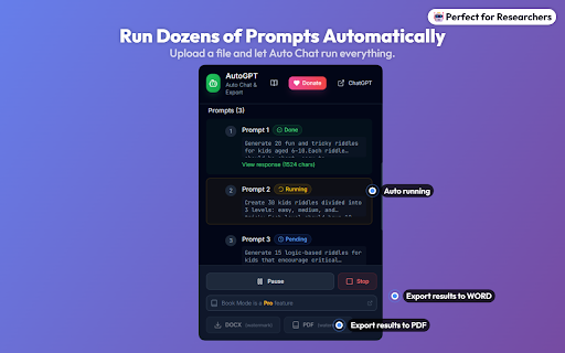 Auto Chat & PDF Export for ChatGPT :: Automate ChatGPT with bulk prompts (CSV/TXT/JSON). Auto-send, cleanup AI responses & export to DOCX/PDF. Save hours!