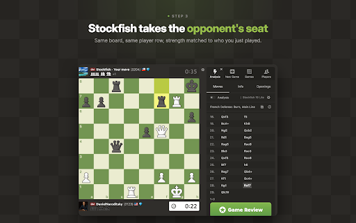 Stockfish Continue to Play :: After a game ends on Chess.com, continue the position vs Stockfish AI on the same page. One click, automatic.