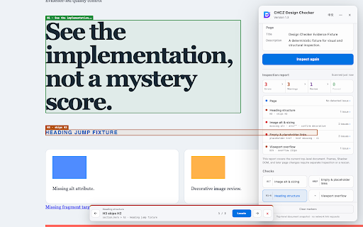 CHCZ Design Checker :: Inspect page implementation, WCAG text and icon contrast, and AI search visibility—on demand, without analytics.