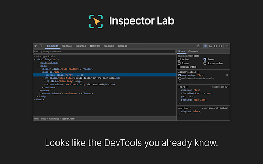 Inspector Lab - DevTools :: A movable in-page DevTools window for any browser, even iPad: DOM Inspector, Elements, Console, Network, Sources, Cookies, Storage.