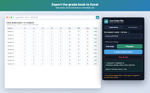 Auto Grade Filler :: Quickly fill, import, and export student marks in web grade books. Works only on the page you open it on.