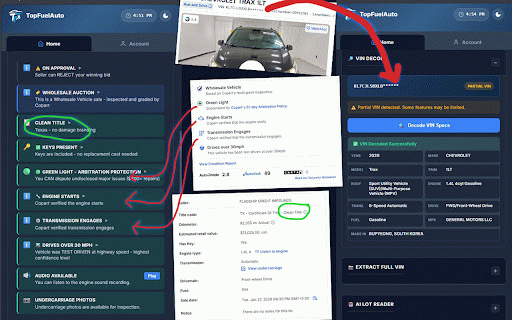 TopFuelAuto - Auction Assistant :: AI assistant for Copart & IAAI auctions. Analyze damage, decode VINs, check sold history, get max bid advice.