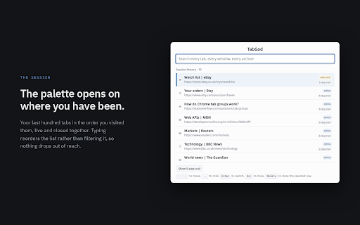 TabGod :: Cross-browser tab manager. Open the toolbar icon to see every tab, or press the command palette shortcut to search.
