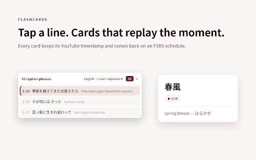 Piccard: YouTube Flashcards, Bilingual Subtitles & Offline Dictionary :: Bilingual YouTube subtitles + offline dictionary. 14 directions: EN↔JP·KO·ZH·ES·FR·DE. Hover a word: IPA, CEFR. FSRS flashcards.