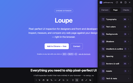 Loupe — Pixel-Perfect UI Inspection :: Inspect, measure, and analyze any web UI. Box model, computed CSS, layout grids, rulers, color picker, responsive mode.