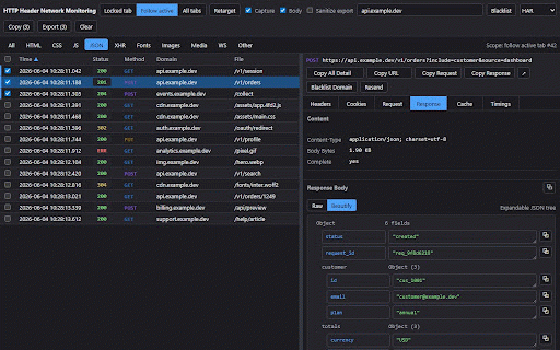 HTTP Header Network Monitoring :: Persistent tab-scoped HTTP monitor with headers, bodies, docked DevTools panel, blacklist rules, resend, and HAR/JSON exports.