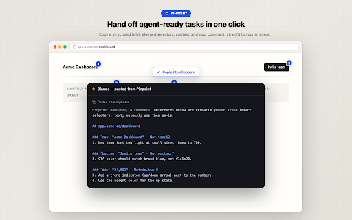 Pinpoint :: Point at any element on your live site, comment, and hand off agent-ready tasks — nothing leaves your machine.