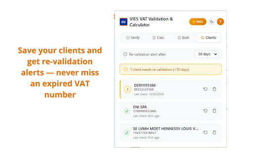 VIES VAT Validator - EU VAT Number Checker :: Verify EU, Swiss & Norwegian VAT numbers via official VIES. Bulk validation, PDF certificates, VAT calculator, dark mode.
