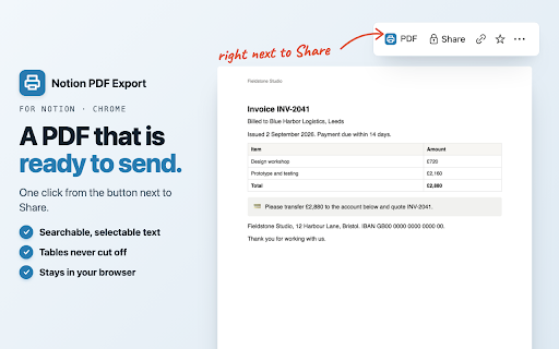 Notion PDF Export - Print and save Notion pages as PDF :: Export Notion pages to clean PDFs and generate invoices from a database. Real text, correct page breaks, no watermark.