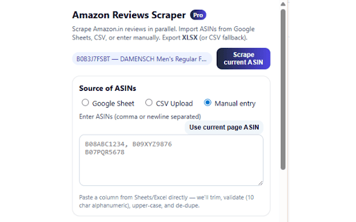 Amazon Reviews Scraper Pro :: Scrape Amazon.in reviews for ASINs (from Google Sheets, CSV, or manual).