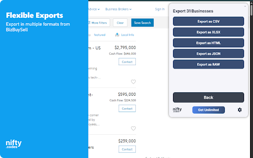 BizBuySell Scraper: Export Business, Franchise, Brokers & More :: Scrape Business, Franchise, Brokers, and more from BizBuySell, with options to export in formats such as CSV, Excel, JSON, and more.