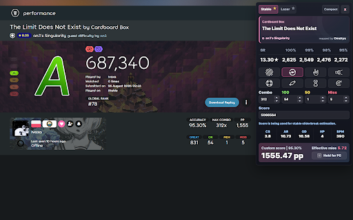 osu! standard pp calculator :: Compact osu! standard pp calculator with stable/lazer modes for osu! beatmap and score pages.