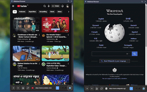 Midcloud Browser - Sidebar Browser with Toolbar :: A Chrome extension with a sidebar browser featuring a bottom toolbar with home, reload, address bar, and settings.