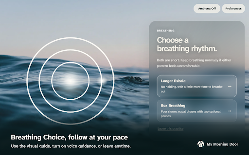 My Morning Door - Calm New Tab :: A multi-sensory calm new tab with photography, ambient sound, optional voice guidance, breathing and grounding.