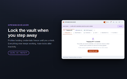 OpenModHeader :: Add, rewrite, and remove HTTP request and response headers. Organise rules into profiles and scope them with URL filters.