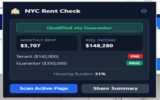 NYC Rent Prequalification :: Instantly check if your income or guarantor qualifies you for NYC rental listings on any website.