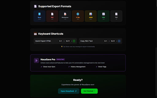 NousSave: Export ChatGPT, Gemini, DeepSeek, Claude and Grok Chats to PDF :: Effortlessly export AI chats to PDF, Word, Markdown, HTML & more. Features 'Deep Research' support and collapsible long messages.