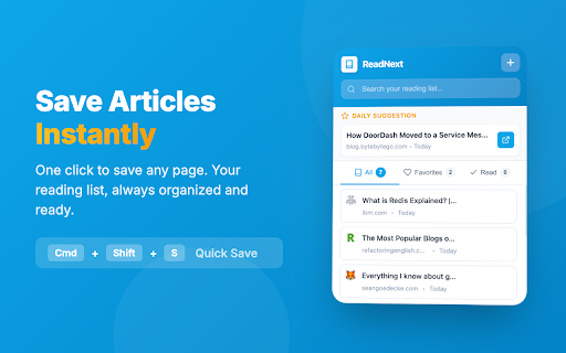 ReadNext - Smart Reading List for Chrome :: Your smart reading list companion. Save articles, track your reading, and never lose an interesting page again.