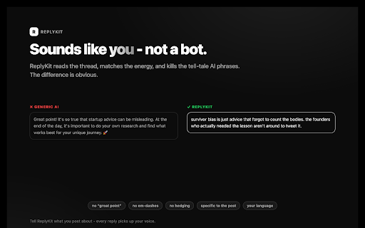 ReplyKit — AI replies for X, LinkedIn & Reddit :: AI reply & comment generator for X, LinkedIn & Reddit. Pick a tone, get a draft that actually answers the post. 3 free/day.