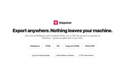 Stepshot :: Turn a recorded browser workflow into a step-by-step visual guide. Local-only: nothing ever leaves your browser.