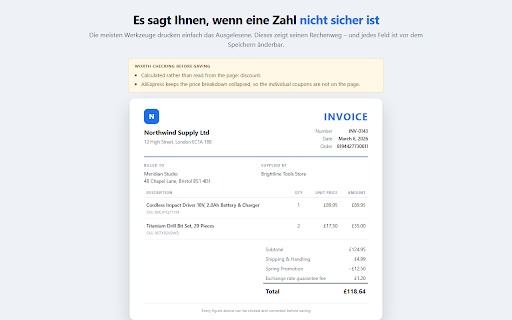 Invoice & Receipt Generator for Orders :: Turn any online order into a clean PDF invoice or receipt. Bulk export, CSV for bookkeeping, VAT fields. Works fully offline.
