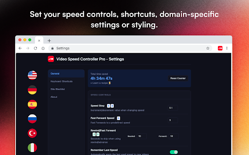 Video Speed Controller Pro :: The most customizable video speed controller. Per-site memory, adjusted remaining time, 0.1x–16x range. Works on all websites.