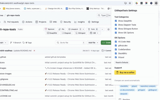 GitRepoTools :: Essential tools for GitHub repositories - Web IDE integration, documentation, and repository insights
