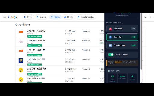 FlightTruth: Google Flights Fee Revealer :: Reveals hidden baggage fees and flags risky booking sites on Google Flights. Prices are estimates.