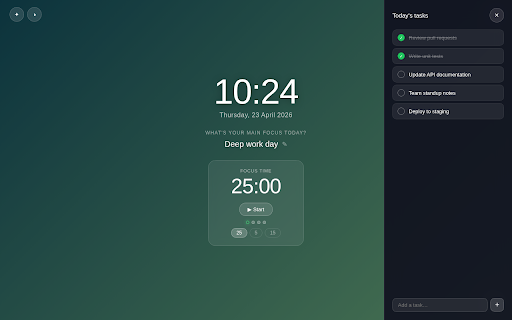 FocusTab — Minimal New Tab :: Replace your new tab with a calm focus dashboard. Daily intention, Pomodoro timer, clock, quotes. Free forever.