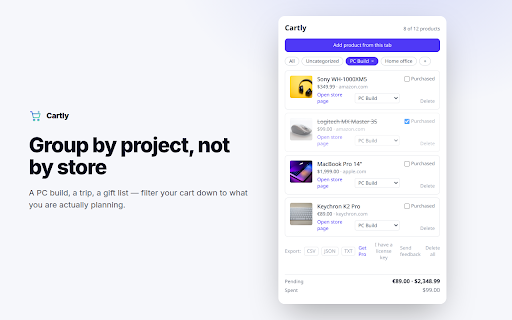 Cartly — Shopping Cart & Wishlist :: Shopping cart & wishlist for any store — save any product in Chrome's side panel, sort into lists, see live budget totals.