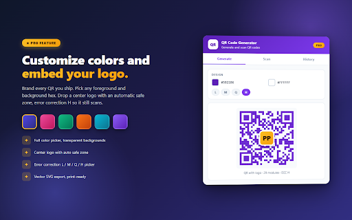 QR Code Generator & Scanner :: Generate and scan QR codes. Custom colors, logo embed, vCard / Wi-Fi / event templates, bulk CSV export, and history.
