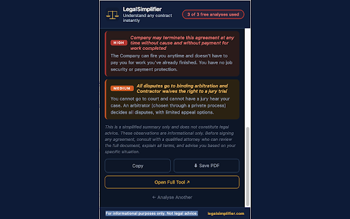 LegalSimplifier - Understand Any Contract :: Highlight any legal text and get a plain-English summary with risk flags in 30 seconds. No lawyer needed.