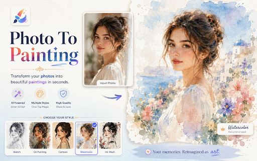 Photo To Painting - AI Art Converter :: Transform photos into paintings, sketches, watercolor, oil art, pop art, and more directly in Chrome using our AI photo to painting…